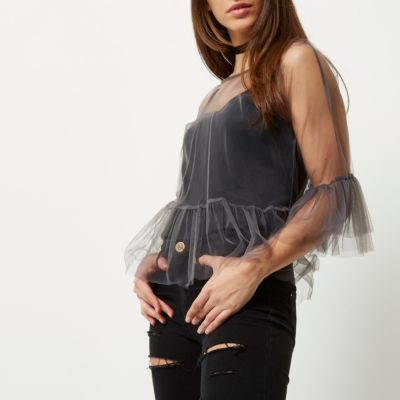 Grey tulle frill sleeve top